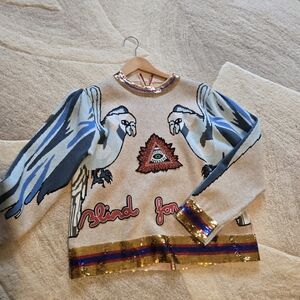 Beige Statement Sequin-Trim Sweater with Bird Motif